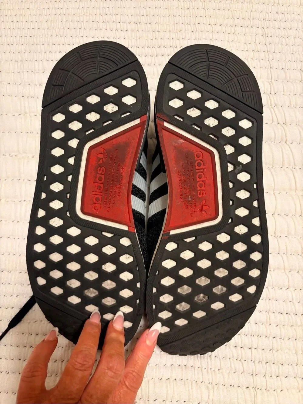 Adidas NMD_R1 Boost Sneakers Women’s 8.5 Black White Red Knit Athletic Shoes